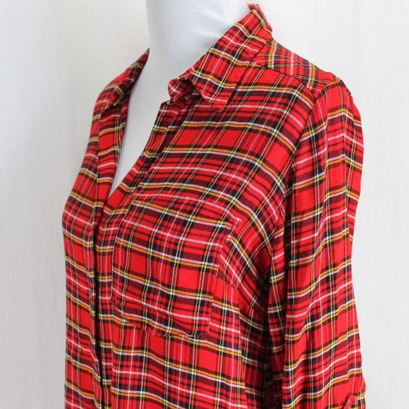 Kut from the Kloth Flannel Shirt Womens M Red Black Plaid Long Roll Tab Sleeve - Picture 4 of 7